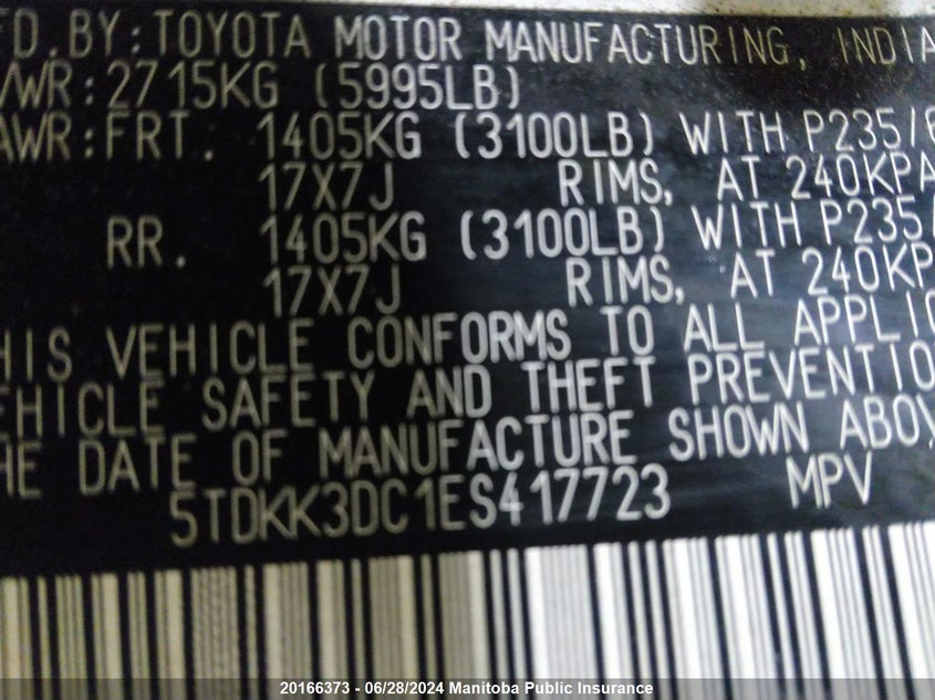 2014 Toyota Sienna Le V6 VIN: 5TDKK3DC1ES417723 Lot: 20166373