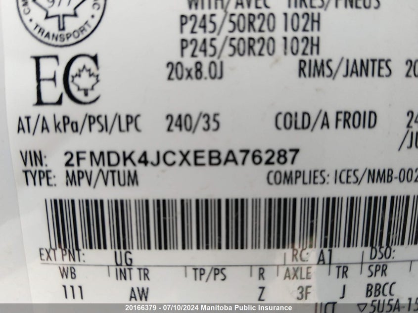 2014 Ford Edge Se VIN: 2FMDK4JCXEBA76287 Lot: 20166379