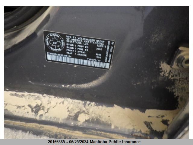 2013 Volkswagen Passat 2.5 VIN: 1VWCH7A39DC075174 Lot: 20166385