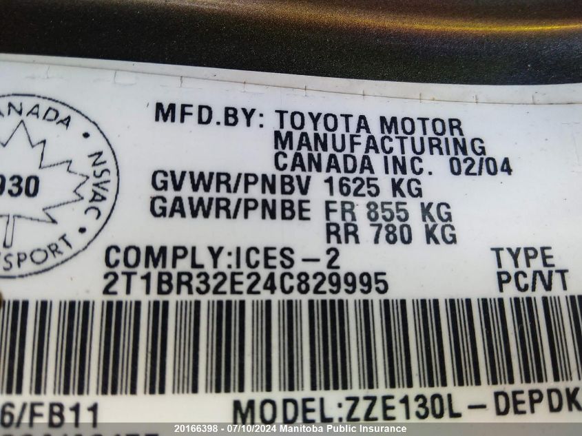 2004 Toyota Corolla Ce VIN: 2T1BR32E24C829995 Lot: 20166398