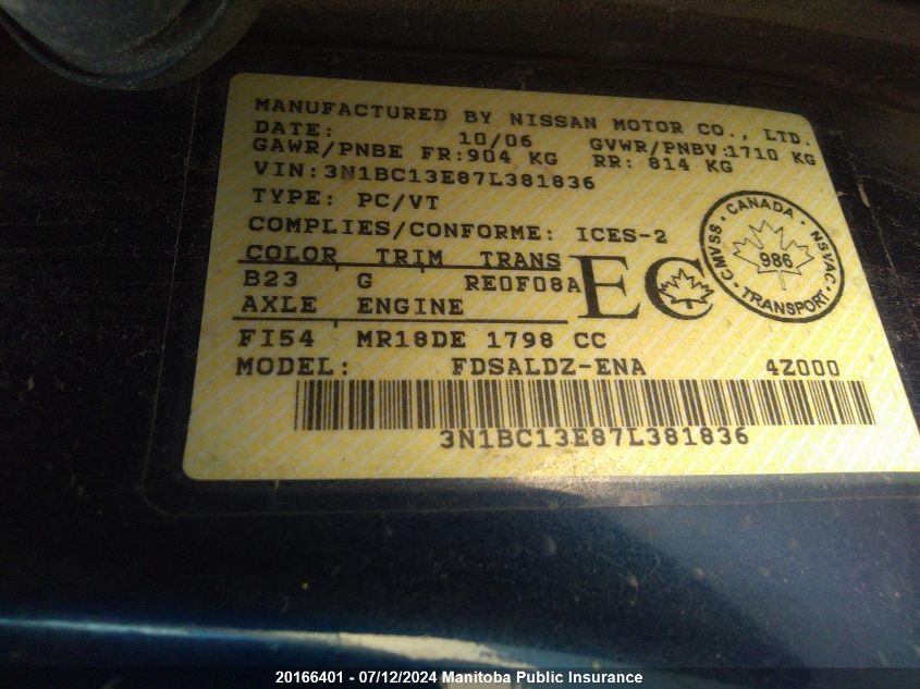 2007 Nissan Versa 1.8 Sl VIN: 3N1BC13E87L381836 Lot: 20166401