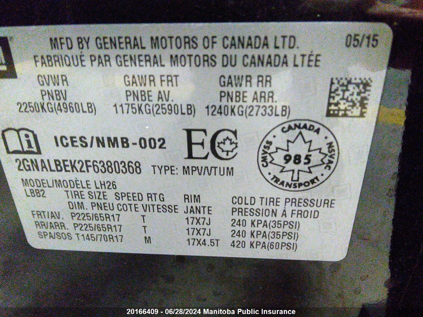 2015 Chevrolet Equinox Lt VIN: 2GNALBEK2F6380368 Lot: 20166409