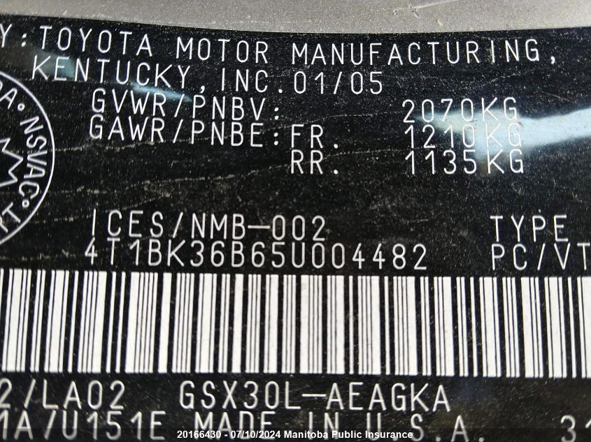 2005 Toyota Avalon Xls VIN: 4T1BK36B65U004482 Lot: 20166430