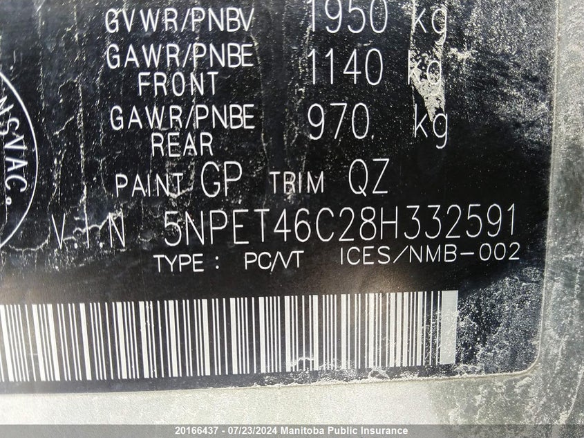 2008 Hyundai Sonata Gl VIN: 5NPET46C28H332591 Lot: 20166437