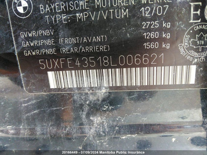 2008 BMW X5 3.0Si VIN: 5UXFE43518L006621 Lot: 20166449