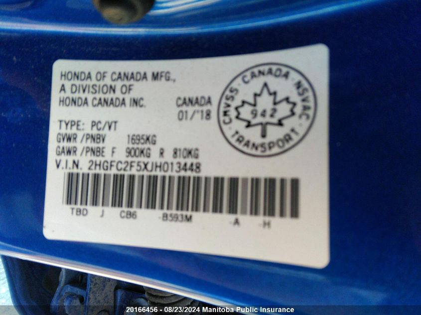 2018 Honda Civic Lx VIN: 2HGFC2F5XJH013448 Lot: 20166456