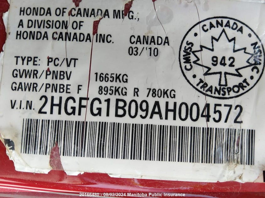 2010 Honda Civic Ex-L VIN: 2HGFG1B09AH004572 Lot: 20166480