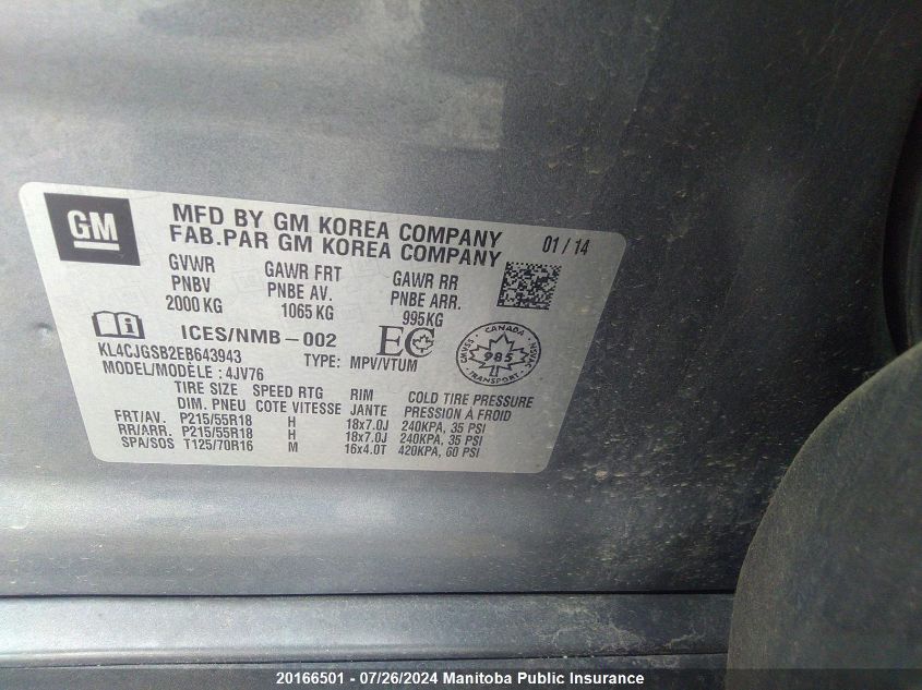 2014 Buick Encore VIN: KL4CJGSB2EB643943 Lot: 20166501