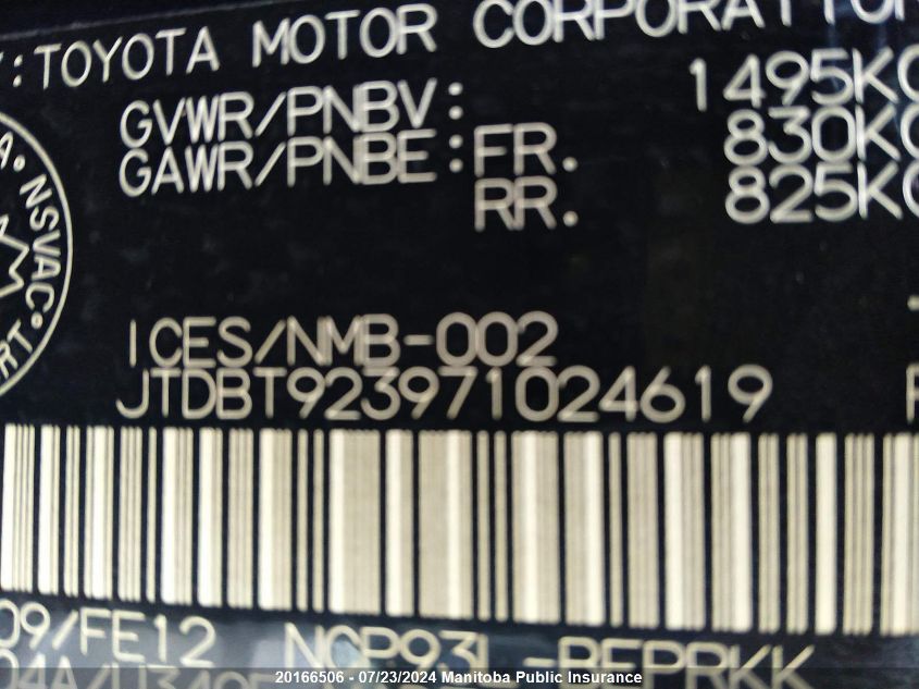 2007 Toyota Yaris VIN: JTDBT923971024619 Lot: 20166506