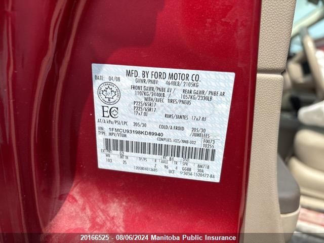 2008 Ford Escape Xlt V6 VIN: 1FMCU93198KD89940 Lot: 20166525