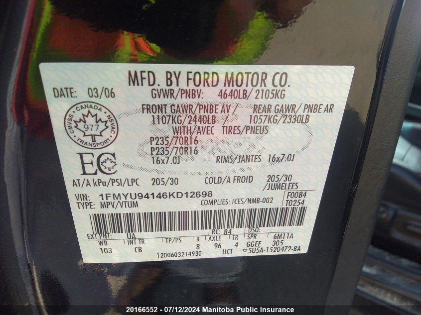 2006 Ford Escape Limited V6 VIN: 1FMYU94146KD12698 Lot: 20166552