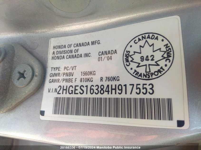 2004 Honda Civic Se VIN: 2HGES16384H917553 Lot: 20166556