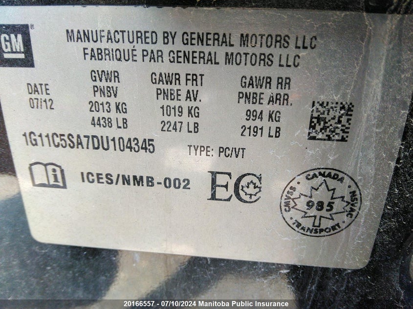 2013 Chevrolet Malibu Lt VIN: 1G11C5SA7DU104345 Lot: 20166557