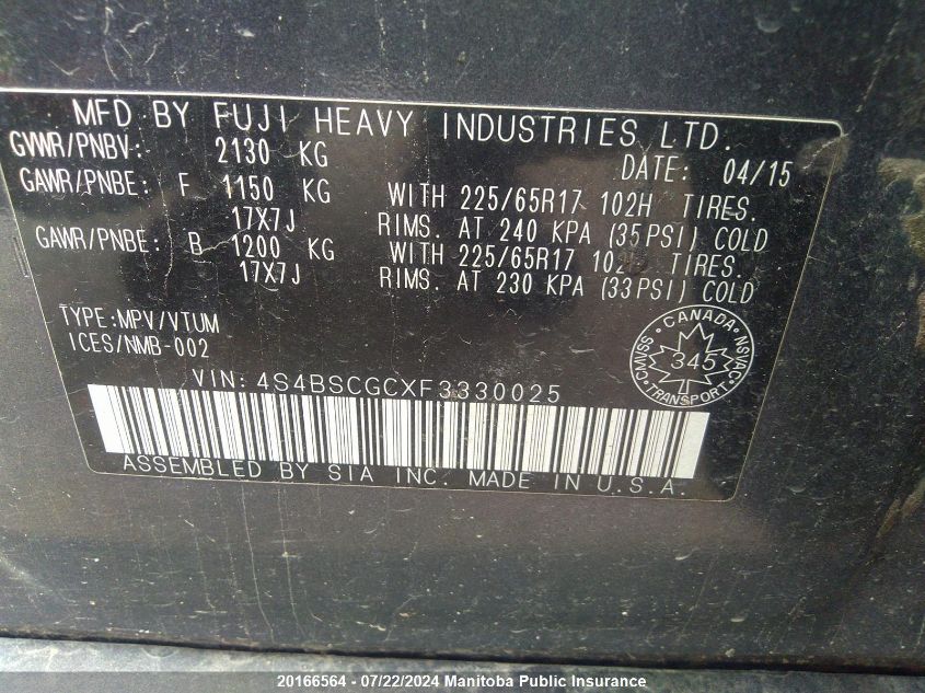 2015 Subaru Outback 2.5I Touring VIN: 4S4BSCGCXF3330025 Lot: 20166564