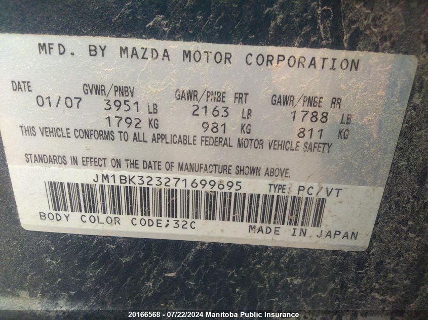 2007 Mazda Mazda3 Gt VIN: JM1BK323271699695 Lot: 20166568