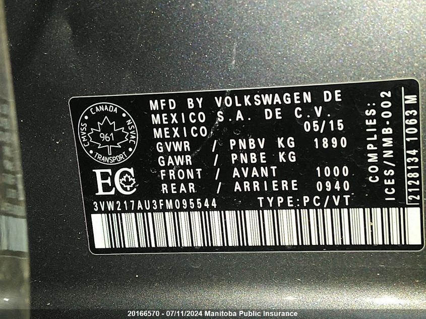 2015 Volkswagen Golf 1.8 Tsi VIN: 3VW217AU3FM095544 Lot: 20166570