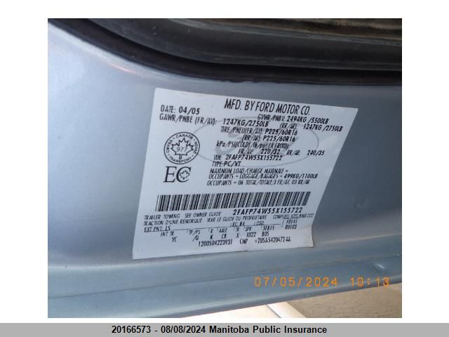 2005 Ford Crown Victoria Lx VIN: 2FAFP74W55X155722 Lot: 20166573