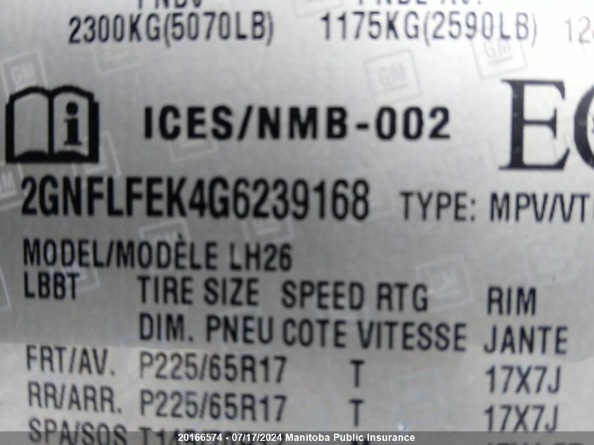 2016 Chevrolet Equinox Lt VIN: 2GNFLFEK4G6239168 Lot: 20166574