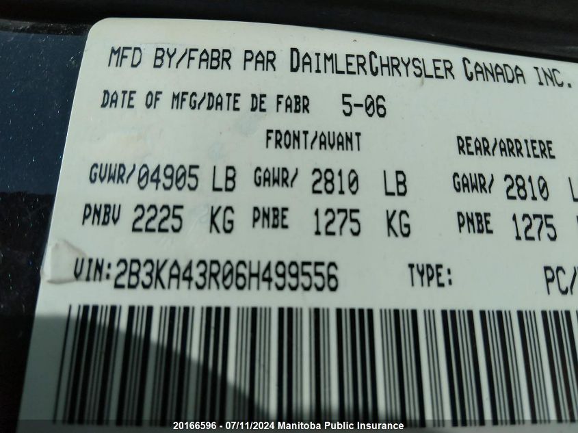 2006 Dodge Charger VIN: 2B3KA43R06H499556 Lot: 20166596