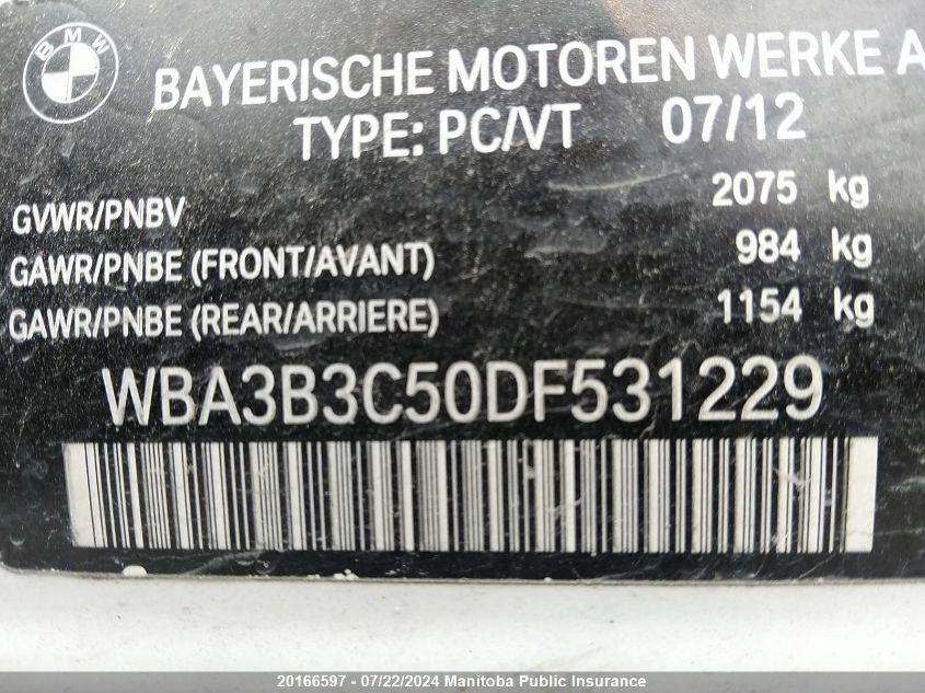 2013 BMW 328I xDrive VIN: WBA3B3C50DF531229 Lot: 20166597