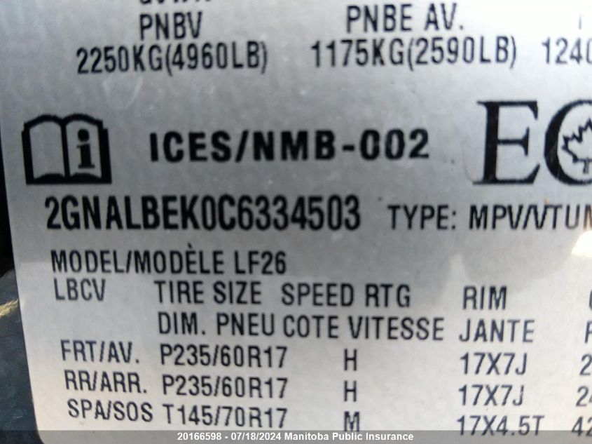 2012 Chevrolet Equinox Ls VIN: 2GNALBEK0C6334503 Lot: 20166598