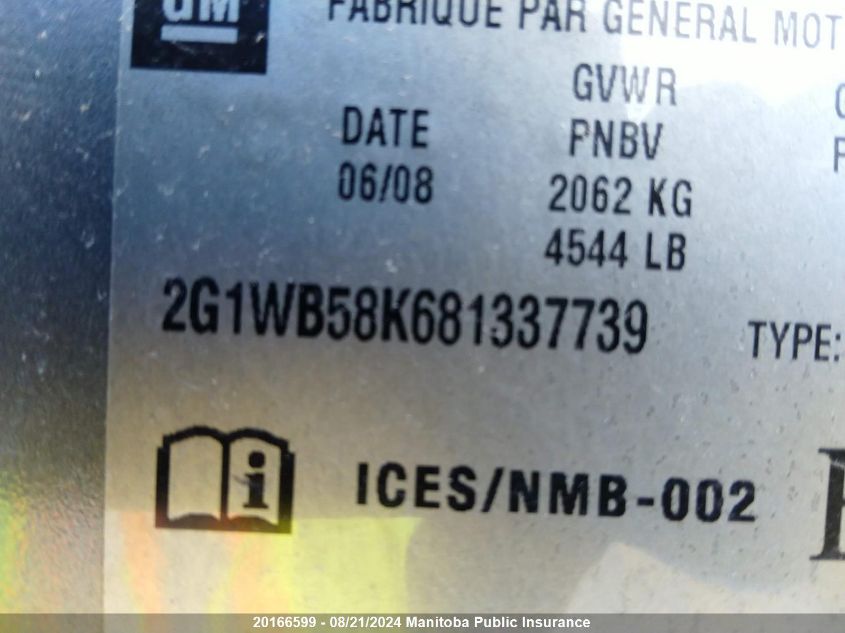 2008 Chevrolet Impala Ls V6 VIN: 2G1WB58K681337739 Lot: 20166599