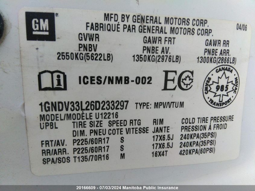 2006 Chevrolet Uplander Lt Ext VIN: 1GNDV33L26D233297 Lot: 20166609