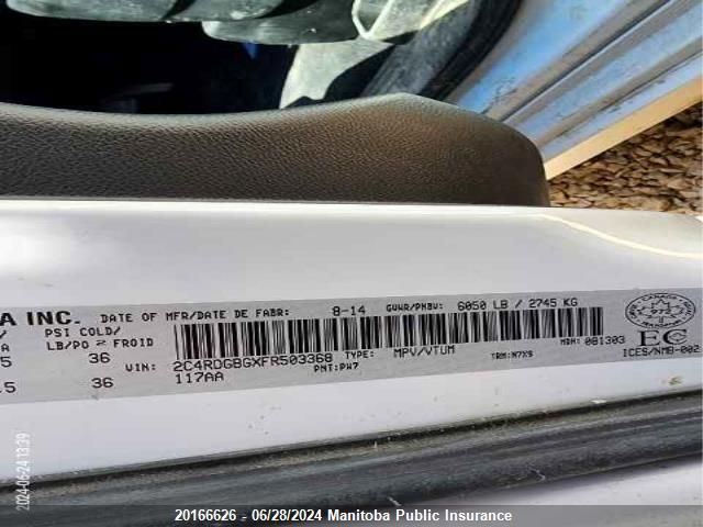 2015 Dodge Grand Caravan Sxt VIN: 2C4RDGBGXFR503368 Lot: 20166626