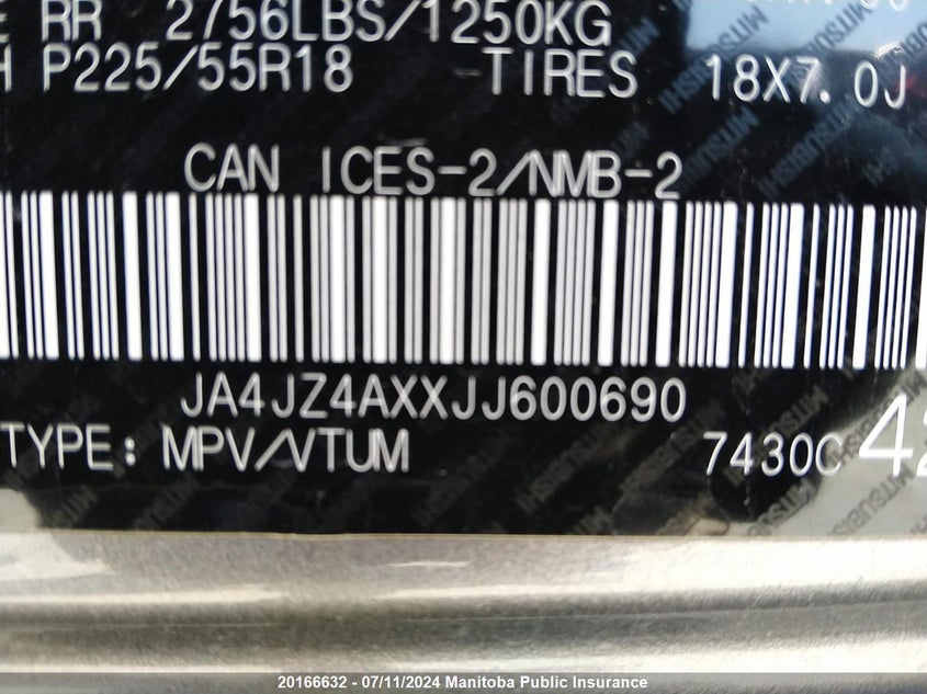 2018 Mitsubishi Outlander Gt VIN: JA4JZ4AXXJJ600690 Lot: 20166632