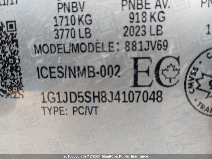 2018 Chevrolet Sonic Lt VIN: 1G1JD5SH8J4107048 Lot: 20166636