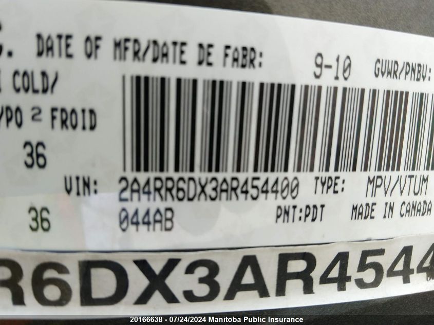 2010 Chrysler Town & Country Limited VIN: 2A4RR6DX3AR454400 Lot: 20166638