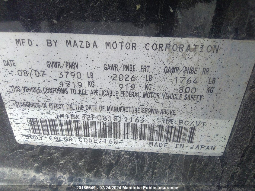 2008 Mazda Mazda3 Gs VIN: JM1BK32F081811163 Lot: 20166649