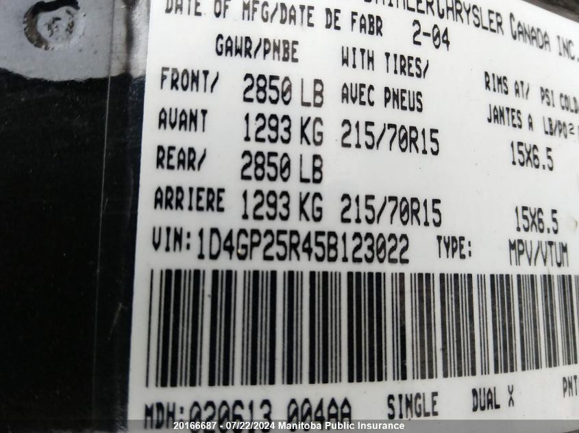 2005 Dodge Caravan Se VIN: 1D4GP25R45B123022 Lot: 20166687