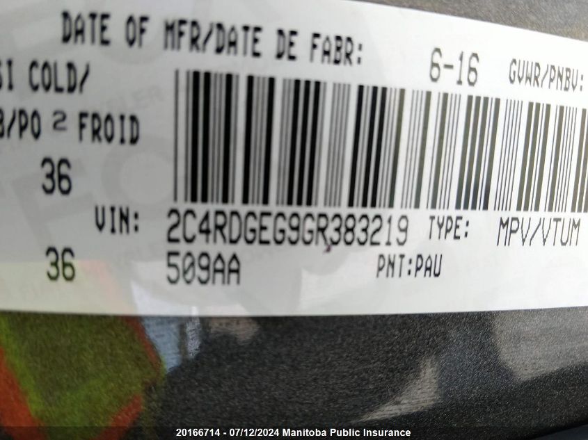 2016 Dodge Grand Caravan R/T VIN: 2C4RDGEG9GR383219 Lot: 20166714