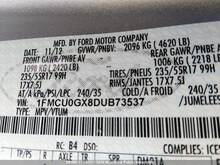 2013 Ford Escape Se VIN: 1FMCU0GX8DUB73537 Lot: 20166717