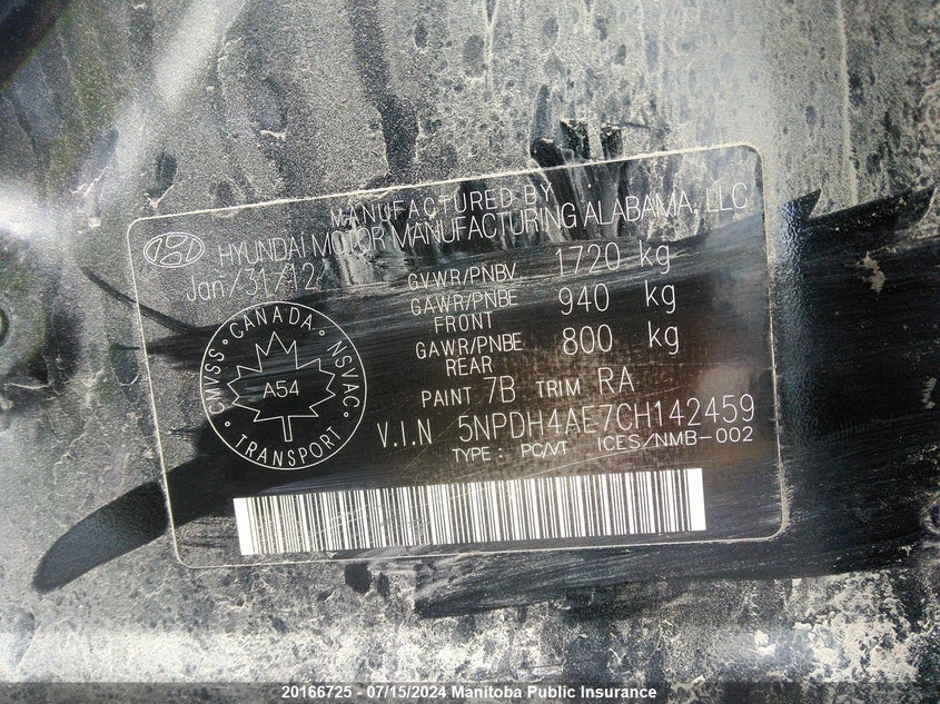 2012 Hyundai Elantra Gl VIN: 5NPDH4AE7CH142459 Lot: 20166725
