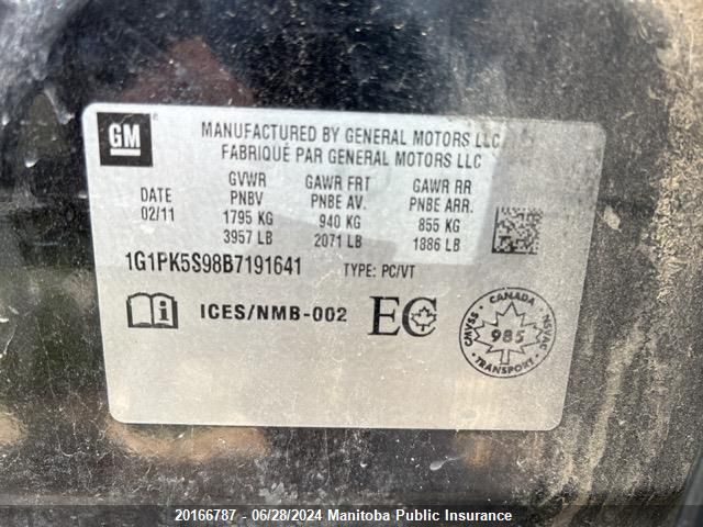 2011 Chevrolet Cruze Eco Turbo VIN: 1G1PK5S98B7191641 Lot: 20166787