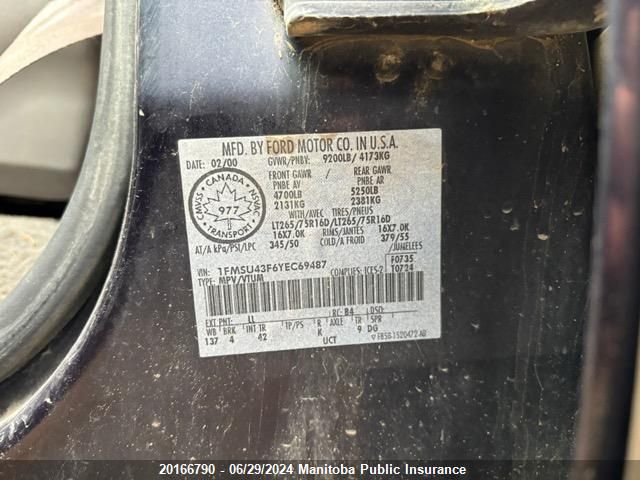 2000 Ford Excursion Limited VIN: 1FMSU43F6YEC69487 Lot: 20166790