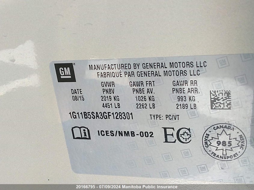 2016 Chevrolet Malibu Limited Ls VIN: 1G11B5SA3GF128301 Lot: 20166795