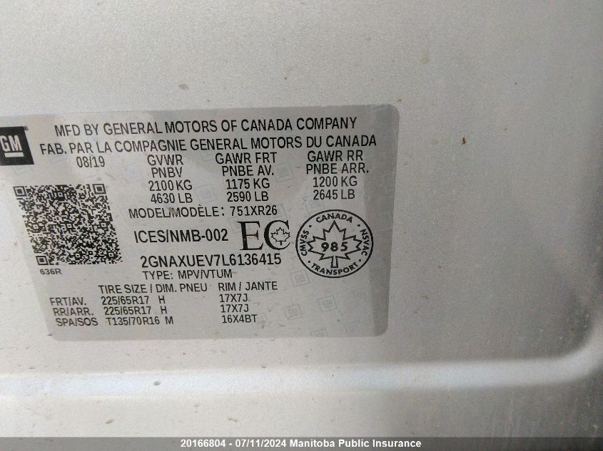 2020 Chevrolet Equinox Lt VIN: 2GNAXUEV7L6136415 Lot: 20166804