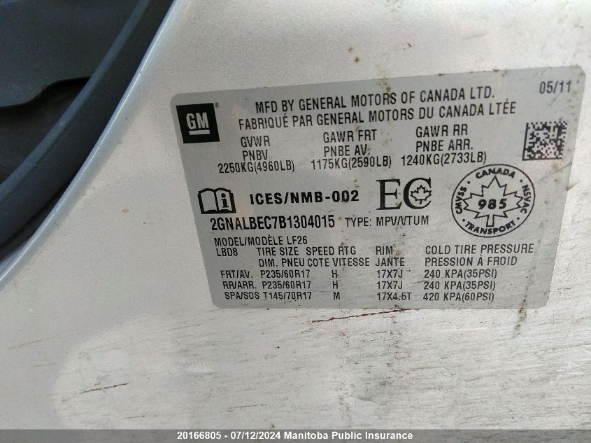 2011 Chevrolet Equinox Ls VIN: 2GNALBEC7B1304015 Lot: 20166805