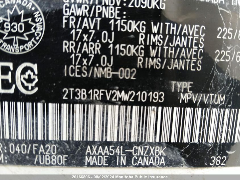 2021 Toyota Rav4 Le VIN: 2T3B1RFV2MW210193 Lot: 20166806