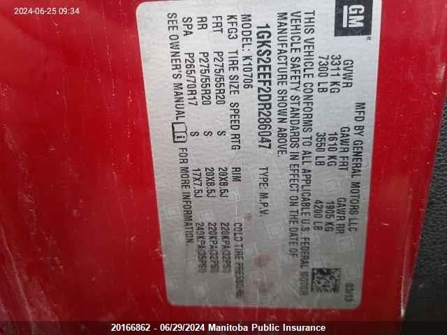 2013 GMC Yukon Denali VIN: 1GKS2EEF2DR286047 Lot: 20166862