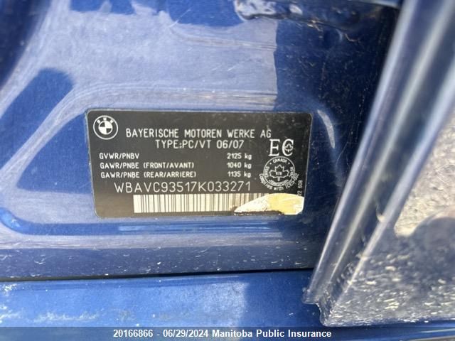 2007 BMW 328Xi VIN: WBAVC93517K033271 Lot: 20166866