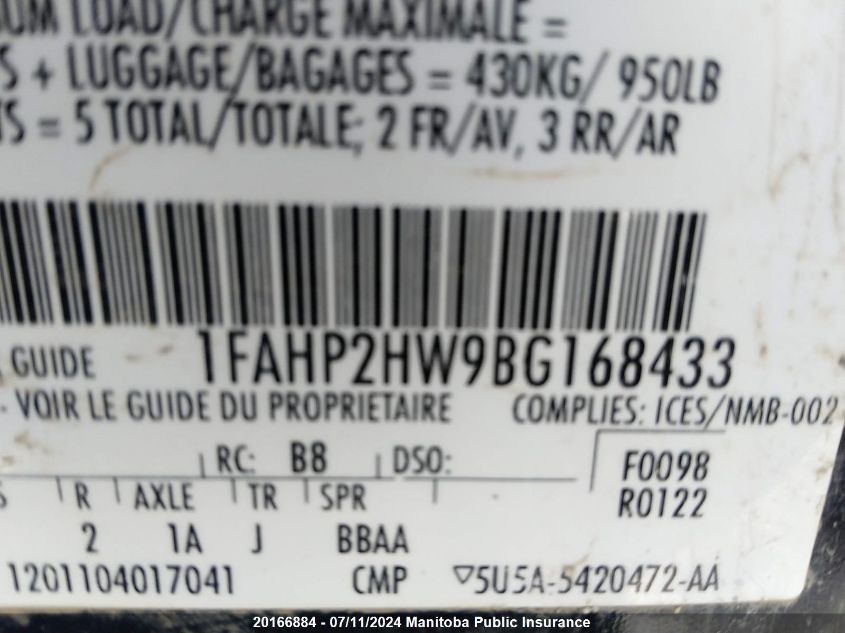 2011 Ford Taurus Sel VIN: 1FAHP2HW9BG168433 Lot: 20166884