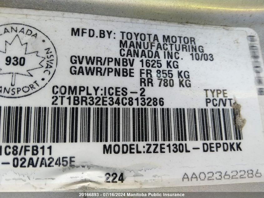 2004 Toyota Corolla Ce VIN: 2T1BR32E34C813286 Lot: 20166893