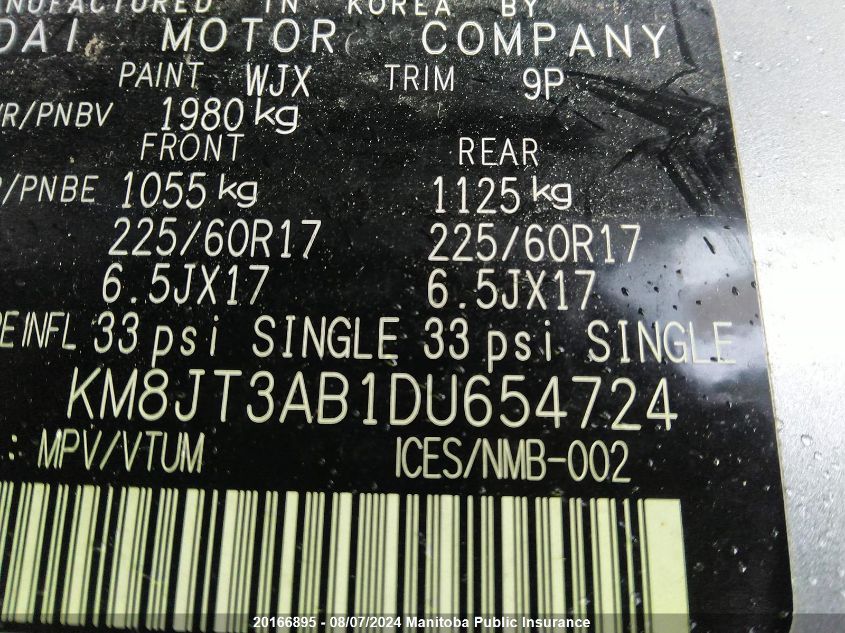 2013 Hyundai Tucson L VIN: KM8JT3AB1DU654724 Lot: 20166895