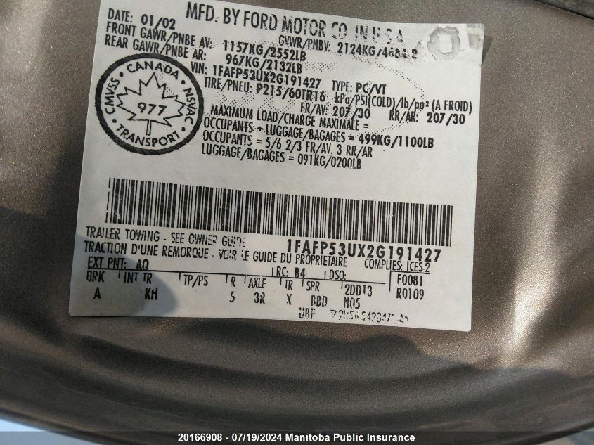 2002 Ford Taurus Se VIN: 1FAFP53UX2G191427 Lot: 20166908