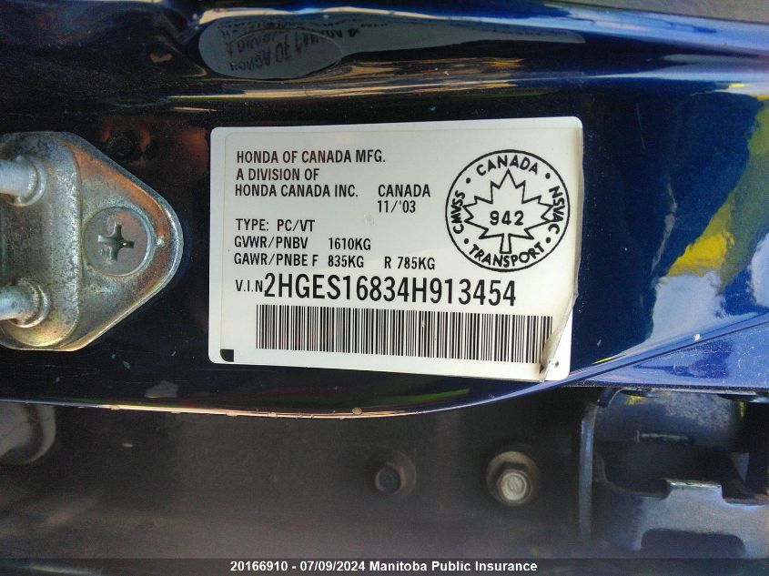 2004 Honda Civic Si VIN: 2HGES16834H913454 Lot: 20166910