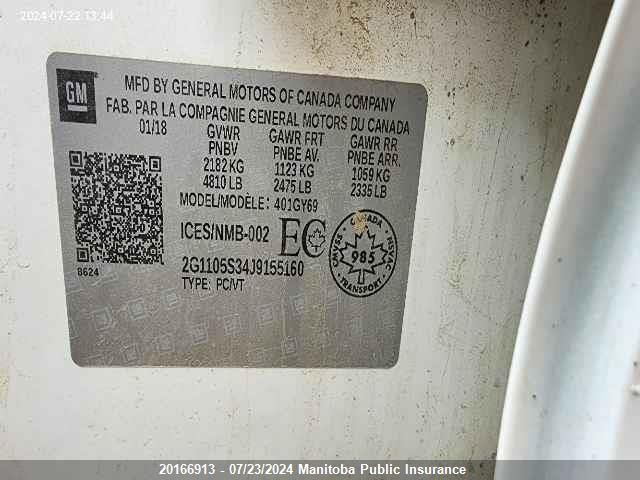 2018 Chevrolet Impala Lt V6 VIN: 2G1105S34J9155160 Lot: 20166913